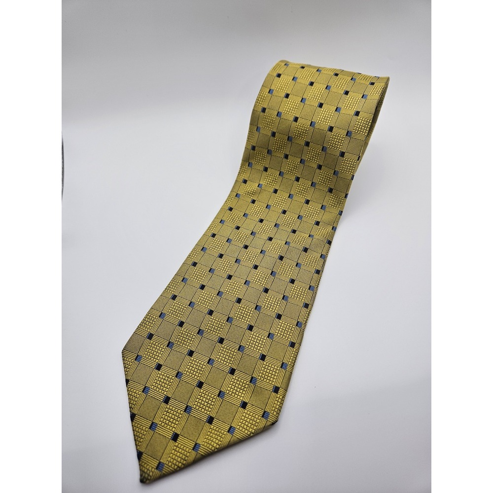 Valerio Garati Mens Silk Tie Gold Blue Geometric Grid Hand Made Necktie 4 Inch